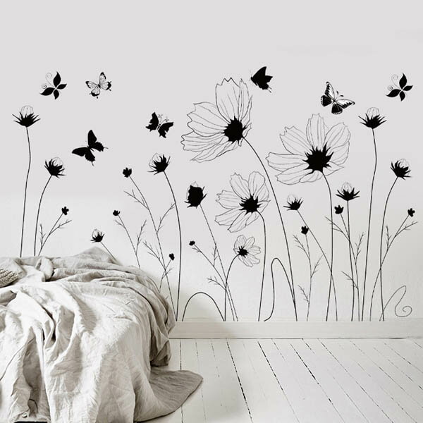 ウォールステッカー モノクロ コスモス 秋桜 スタイリッシュ シルエット インテリア 壁デコ 北欧風 DIY リビングのサムネイル