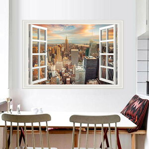 ウォールステッカー ニューヨークの夕暮れ 摩天楼 ビル街 大都市 だまし絵 トリックアート 風景写真 絵画 3D窓フレーム DIY