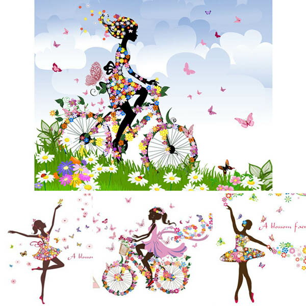 楽天PeachyShop楽天市場店ウォールステッカー シルエット 妖精 女の子 自転車 ダンス フラワーガール 花 壁シール 壁デコ 北欧風 DIY リビング