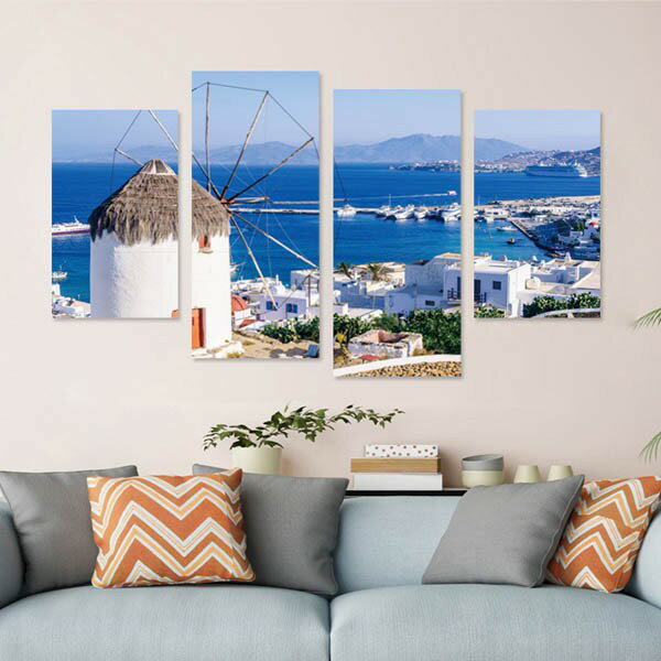 ウォールステッカー 1セット4枚 サントリーニ 風車 海辺 パネルアート風 絵画 写真 壁デコ DIY リビング 寝室