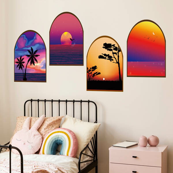 ウォールステッカー だまし絵 出窓 サンセット 夕焼け 壁の窓 海 トリックアート 壁デコ 北欧風 DIY リ..