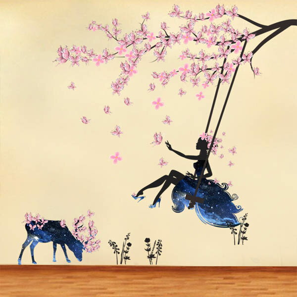 ウォールステッカー 幻想的 春の妖精 桜 だまし絵 アート インテリア 窓枠 壁デコ ...