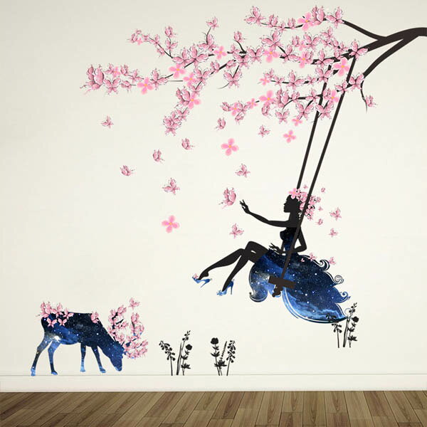 ウォールステッカー 幻想的 春の妖精 桜 だまし絵 アート インテリア 窓枠 壁デコ ...