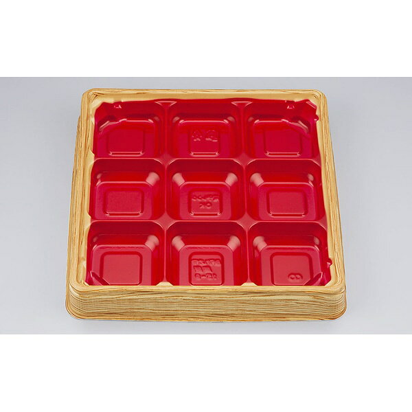 【ケース販売】弁当容器　BFハカマ集膳15－9杉板赤本体（N）（1ケース/400枚入） 4935168314811 重厚感のあるハカマ型弁当容器です。 【商品説明】 【規格内容】幅222×奥行222×高さ33mm【材質】BF【色】赤茶／白【柄】柄付【商品特徴】重厚感のあるハカマ型弁当容器です。麺セットに対応。 1