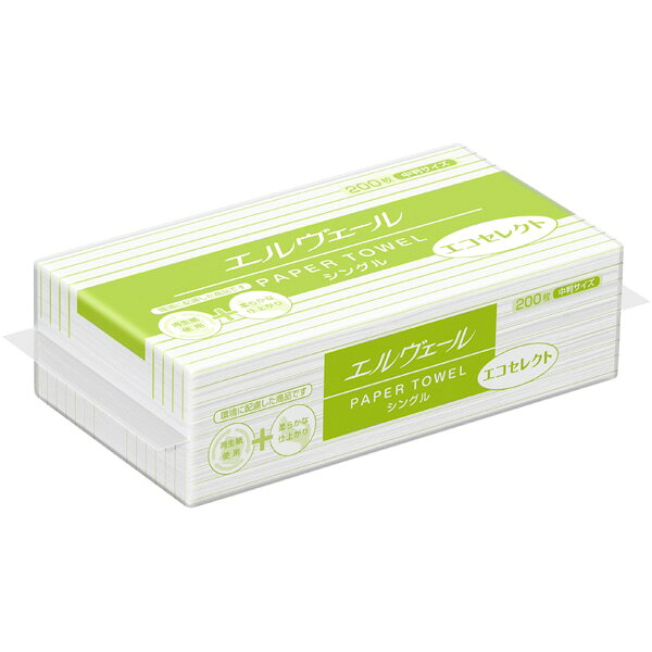 【まとめ買い大特価】エルヴェール　エコセレクト　シングル200枚　中判（1ケース/35袋入）×5ケース　4902011704129 環境にやさしいリサイクルパルプを使用したペーパータオルです。 【商品説明】 【規格内容】幅230×長さ210mm（1枚当り）【材質】再生紙【色】白【柄】柄無【商品特徴】環境にやさしいリサイクルパルプを使用したペーパータオルです。一般的な中判サイズ。フィルム包装タイプ。200枚入り35パック 1
