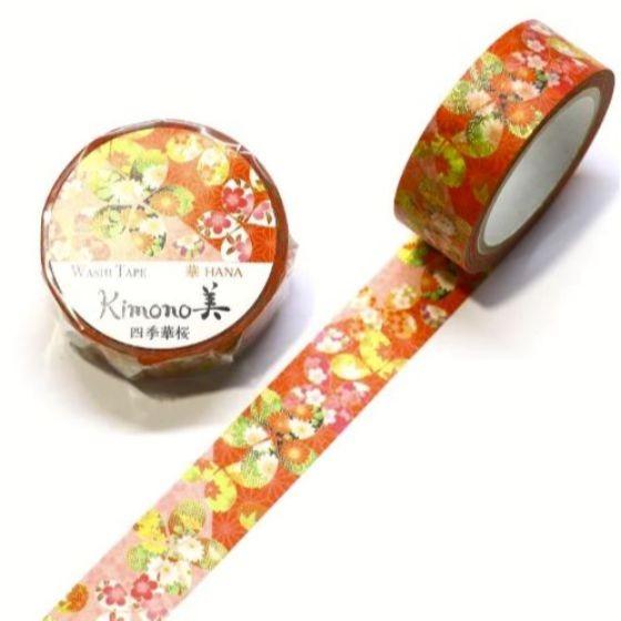 【1巻】四季華桜 GR-1019 （幅15mm×7m巻） マスキングテープ 和紙 カミイソ Kimono美 華 HANA 友禅柄タイプ （代引き不可） 1巻入