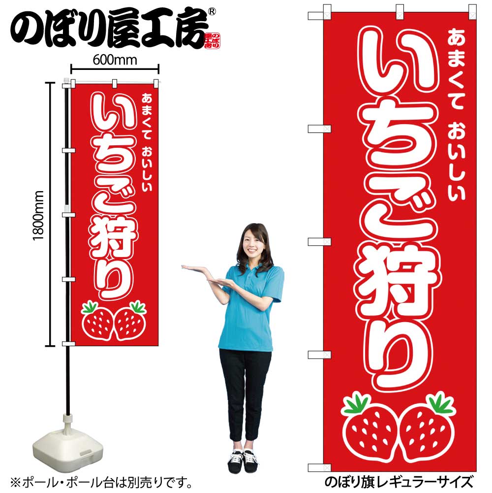 【メール便3枚まで】のぼり のぼり旗 SNB-8414 いちご狩り W60×H180cm 1枚 三方三巻 販促 商売繁盛【受注生産品】