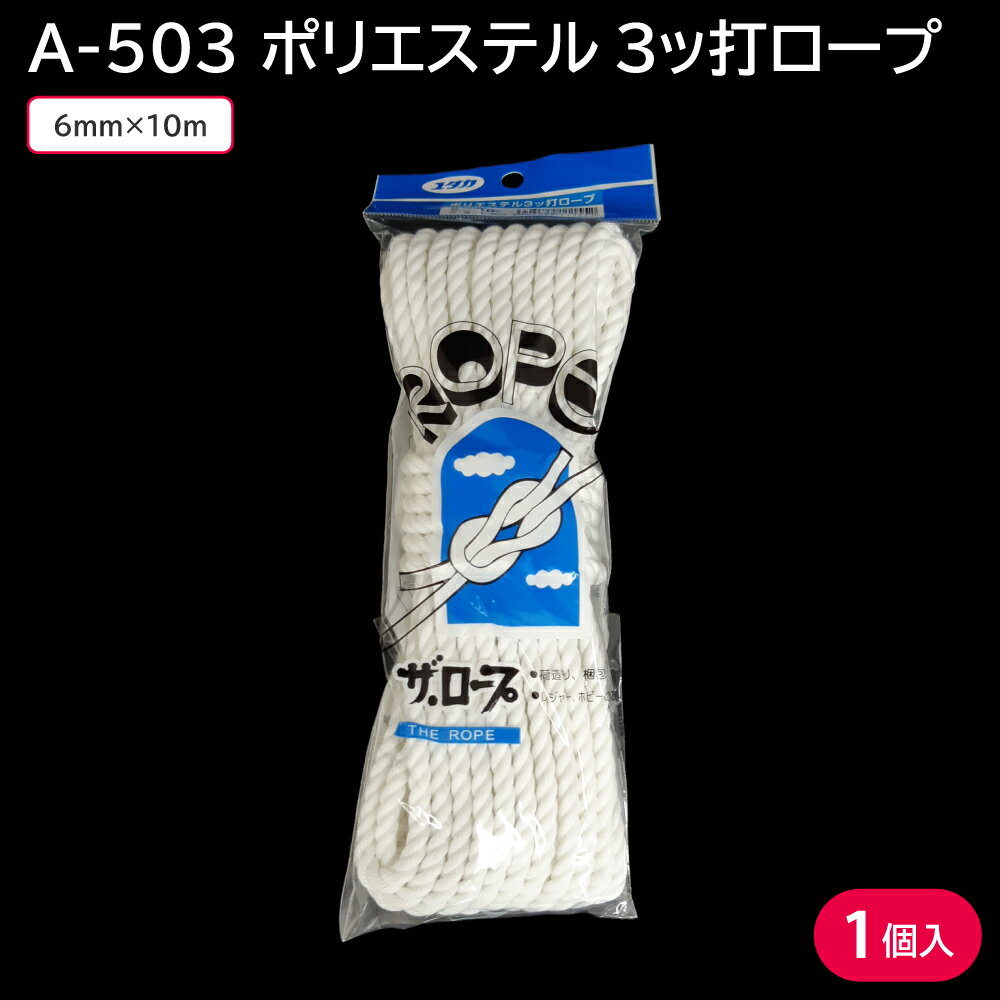 ロープ 6mm ポリエステル A-503 ポリエステル3ッ打ロープ 6mm×10m ホワイト 1個 延縄 底引 定置 施網 ..