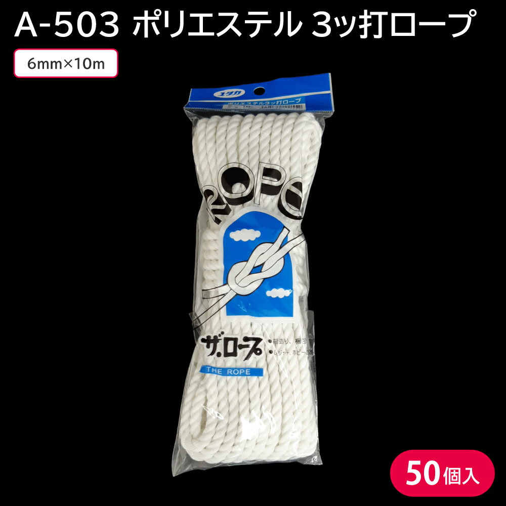 ロープ 6mm ポリエステル A-503 ポリエステル3ッ打ロープ 6mm×10m ホワイト 1ケース 50個 延縄 底引 定..