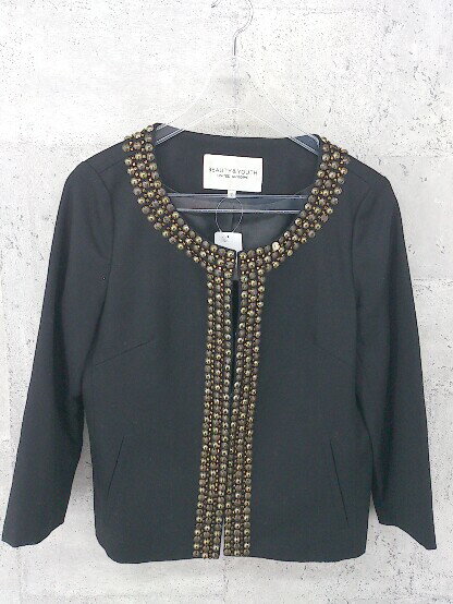 ◇ BEAUTY & YOUTH ビューティアンドユース UNITED ARROWS ビジュー 長袖 ノーカラー ジャケット S ブラック * 【中古】