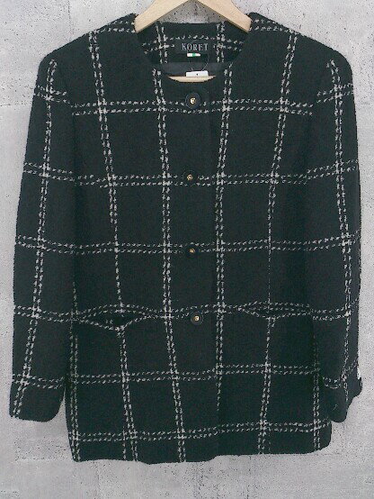 ◇ koret コレット チェック 長袖 ノーカラー コート ブラック ホワイト * 【中古】