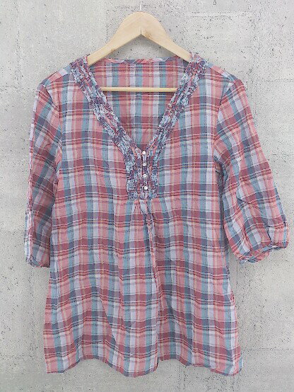 ◇ グリーン チェック 七分袖 ミニ チュニック ワンピース レッド系 ブルー系 * 【中古】