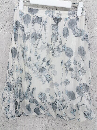 ◇ PRIDE プライド サイドジップ　シルク100%　プリント 膝丈 ギャザー スカート ホワイト　グレー * 【中古】(4)
