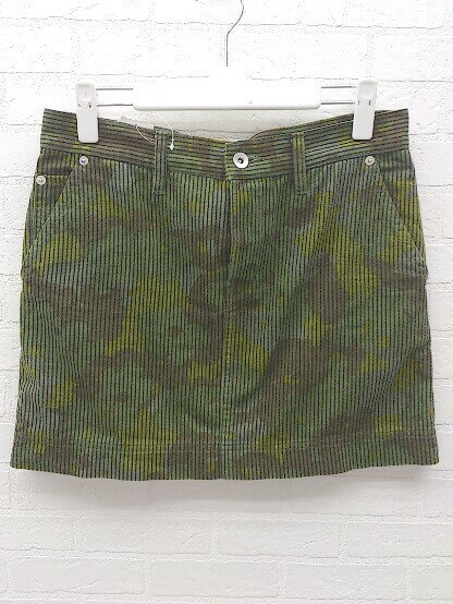 ◇ MUVEIL WORK ミュベールワーク ストライプ 迷彩 カモフラ リボン ミニ スカート 38 カーキ マルチ * 【中古】