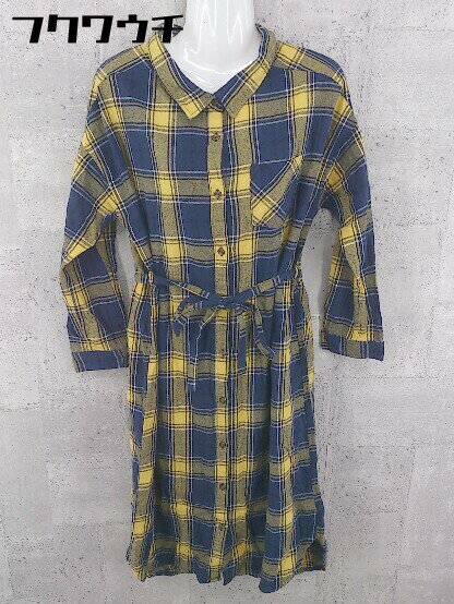 ◇ ◎ rps アールピーエス リボン付き チェック柄 長袖 ロング シャツ ワンピース サイズM イエロー ネイビー レディース 【中古】 【中古】(4)
