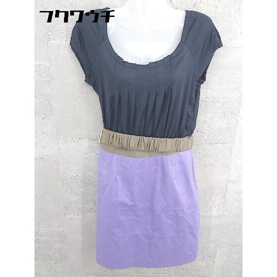 ◇ ◎ JUSGLITTY ジャスグリッティー ベルト付 フレンチスリーブ 膝丈 ワンピース サイズ2 ネイビー パープル レディース 【中古】 【中古】
