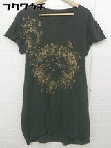 ◇ しまむら フロントプリント 半袖 膝丈 ワンピース サイズU カーキ レディース 【中古】