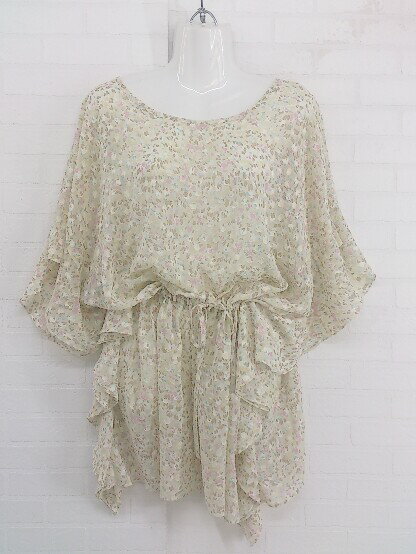 ◇ LITTLE NEW YORK リトルニューヨーク 総柄 シフォン フレンチスリーブ ミニ ワンピース サイズF ベージュ レディース P 【中古】