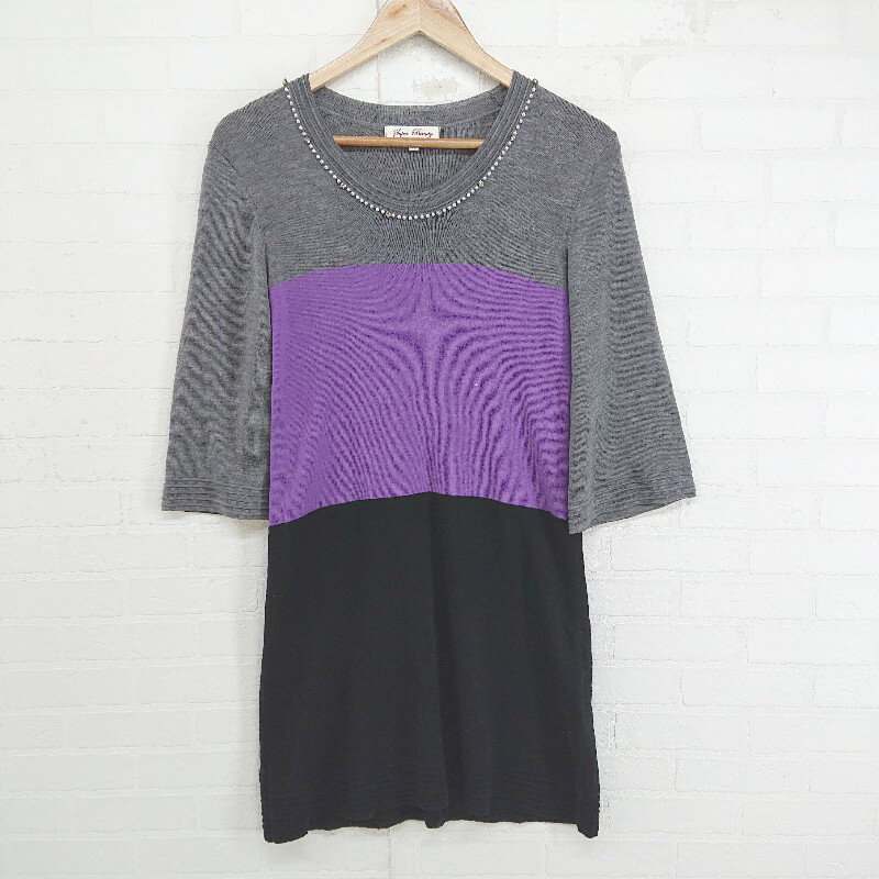 ◇ Super Beauty スーパービューティ 七分袖 ミニ ニット ワンピース サイズ40 グレー系 パープル系 ブ..