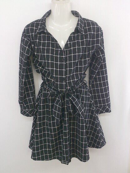 ◇ ◎ CECIL McBEE チェック インナーキャミソール付 長袖 ミニ ワンピース サイズM ブラック ホワイト系..