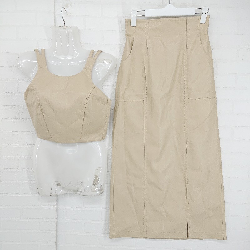 ◇ ME&ME COUTURE 合成皮革 シンプル ロング スカート ビスチェ セットアップ サイズ0 ベージュ レディース E 【中古】