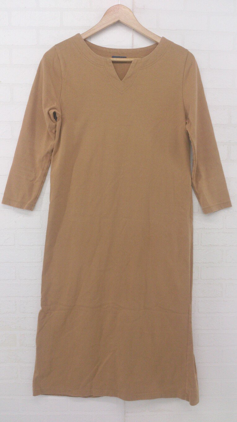 ◇ SHIPS シップス Vネック シンプル 大人女子 スリット 長袖 ロング ワンピース サイズONE キャメル レ..