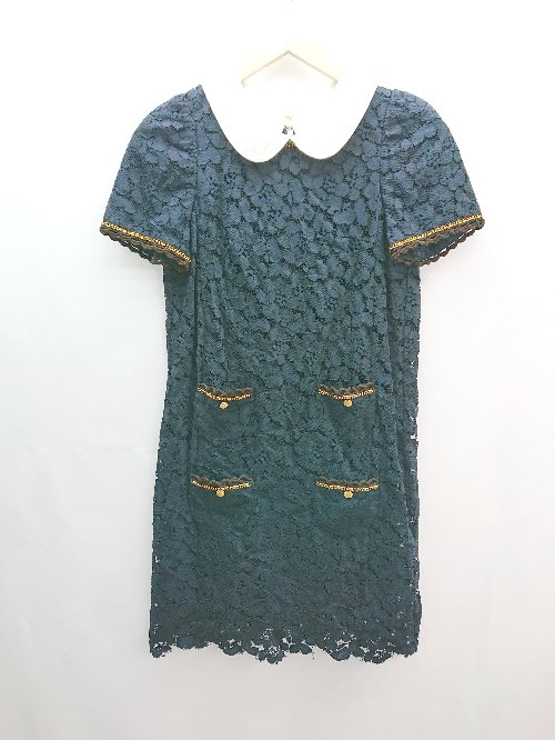 ◇ Muguet Fifth Avenue 総レース 花柄 バックファスナー 綺麗め 半袖 膝丈 ワンピース サイズ38 ネイビー レディース E 【中古】