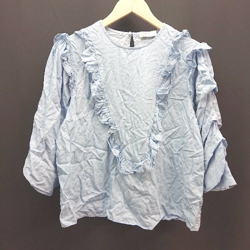 ◇ ◎ ZARA WOMAN ラウンドネック フリル かわいい おしゃれ ガーリー 長袖 ブラウス サイズL ライトブルー レディース E 【中古】