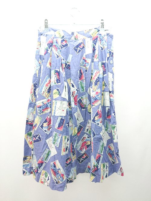 ◇ prestwyck サイドボタン 総柄 切手 フォト タック ロング丈 フレア スカート 表記なし ブルー レディ..