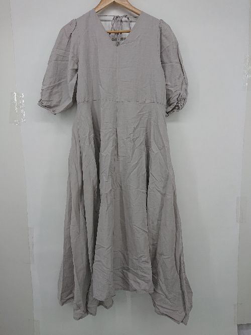 ◇ RANDEBOO ランデブー リネン混 Vネック リボン 五分袖 膝下丈 ワンピース サイズF グレー系 レディー..