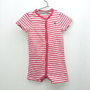 ◇ POLO RALPH LAUREN 縞々模様 ワンポイントロゴ フロントボタン 半袖 つなぎ サイズ80 ホワイト レッド キッズ E 【中古】