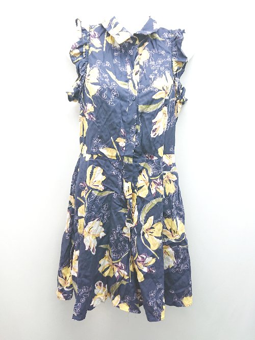 ◇ ZARA BASIC Z1975DENIM 花柄 トロピカル フリル 膝丈 ワンピース サイズS ネイビー/イエロー レディース E 【中古】