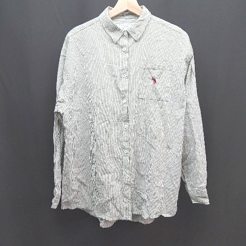 ◇ U.S. POLO ASSN. フロントボタン ストライプ柄 ブランドマーク 刺繍 長袖 シャツ サイズF グリーン ..