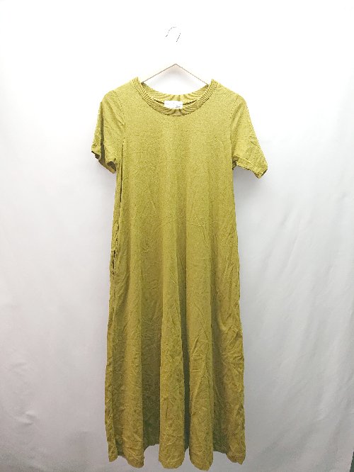 ◇ antiqua カジュアル クルーネック ポケット ルーズ 半袖 ロング丈 ワンピース サイズFREE イエロー ..