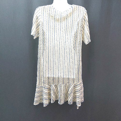 ◇ ZARA ザラ Vネック ストライプ柄 格子模様 薄手 透け感 シンプル 半袖 カットソー サイズS ブラウン レディース E 【中古】