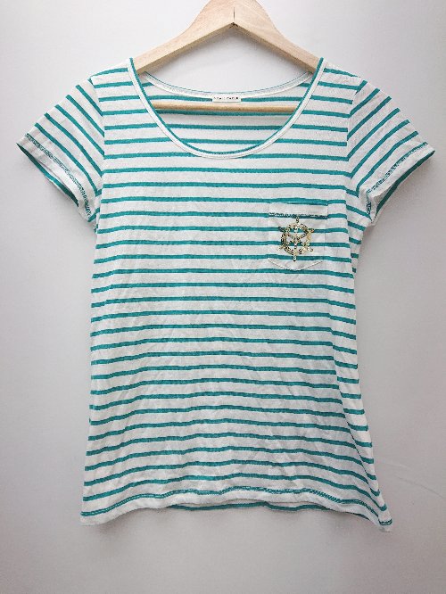 ◇ GRASS WATER ボーダー レーヨン とろみ感 半袖 Tシャツ カットソー サイズ38 グリーン オフホワイト系 レディース P 【中古】