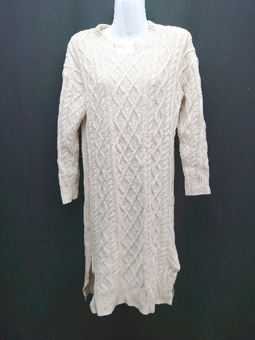 ◇ field dream ニット ヘンリーネック ケーブル編み スリット 長袖 ロング丈 ワンピース サイズ0 ベージュ レディース E 【中古】