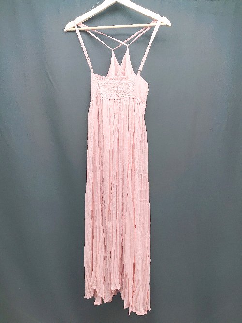 ◇ Heather ヘザー バックゴム 肩紐調節 裏地あり ガーリー ロング ワンピース サイズF ピンク レディース E 【中古】