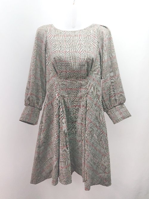 ◇ one after another NICE CLAUP チェック柄 リボン 長袖 ロング丈 ワンピース サイズF グレー/ブラウン レディース E 【中古】