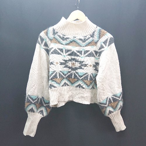 ◇ JEANASIS ジーナシス ハイネック ケーブル 起毛 ストレッチ 総柄 シンプル 長袖 ニット サイズF ベー..