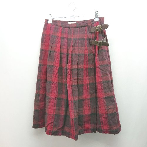 ◇ Samansa Mos2 ベルトサイズ調整可能 チェック柄 裏地あり ロング フレア スカート サイズL レッド レディース E 【中古】
