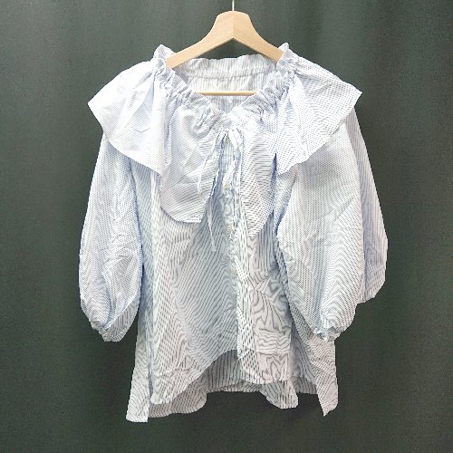 ◇ Birthdayroom ポートネック ストライプ柄 袖口ゴム 薄手 長袖 シャツ サイズM ライトブルー レディース E 【中古】