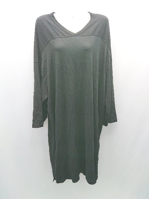 ◇ leno Vネック カジュアル サイドスリット ワイド ルーズ 七分袖 ひざ丈 ワンピース サイズONE ブラッ..