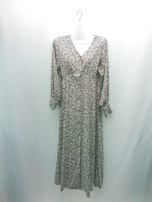 ◇ N. バックウエストゴム 花柄 フロントボタン 裏地無し 長袖 ロング ワンピース サイズM グレー系 レ..