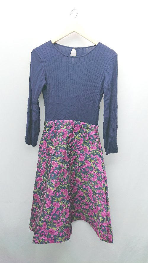 ◇ Bon mercerie ボンメルスリー ウエスト切替 花柄 リブニット 長袖 ロング ワンピース サイズ34 ネイ..