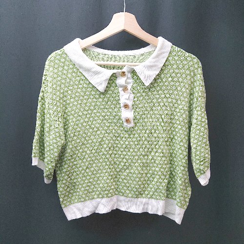◇ classicalelf クラシカルエルフ ボタン ケーブル ストレッチ 総柄 半袖 ニット サイズM グリーン レディース E 【中古】