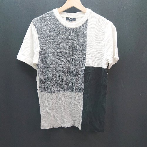 ◇ BEAMS HEART クルーネック 切り返し ニット ストレッチ 半袖 カットソー サイズM ホワイト グレー レディース E 【中古】