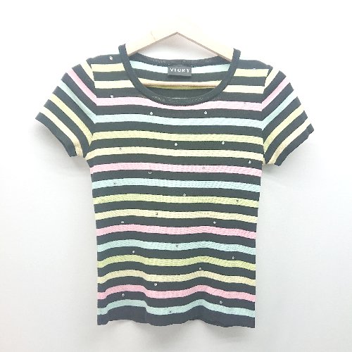 ◇ VICKY ボーダー柄 ビーズ きれいめ ハイゲージ おしゃれ 半袖 ニット サイズ2 ブラック レディース E..