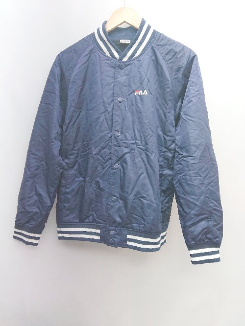◇ FILA フィラ シンプル ロゴ刺繍 裏地に 長袖 ブルゾン ジャンバー サイズM ネイビー レディース P 【中古】