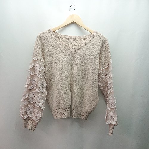◇ ViS ビス Vネック フラワー刺繍袖 シアーメッシュ おしゃれ ガーリー 長袖 ニット サイズF ピンク レディース E 【中古】